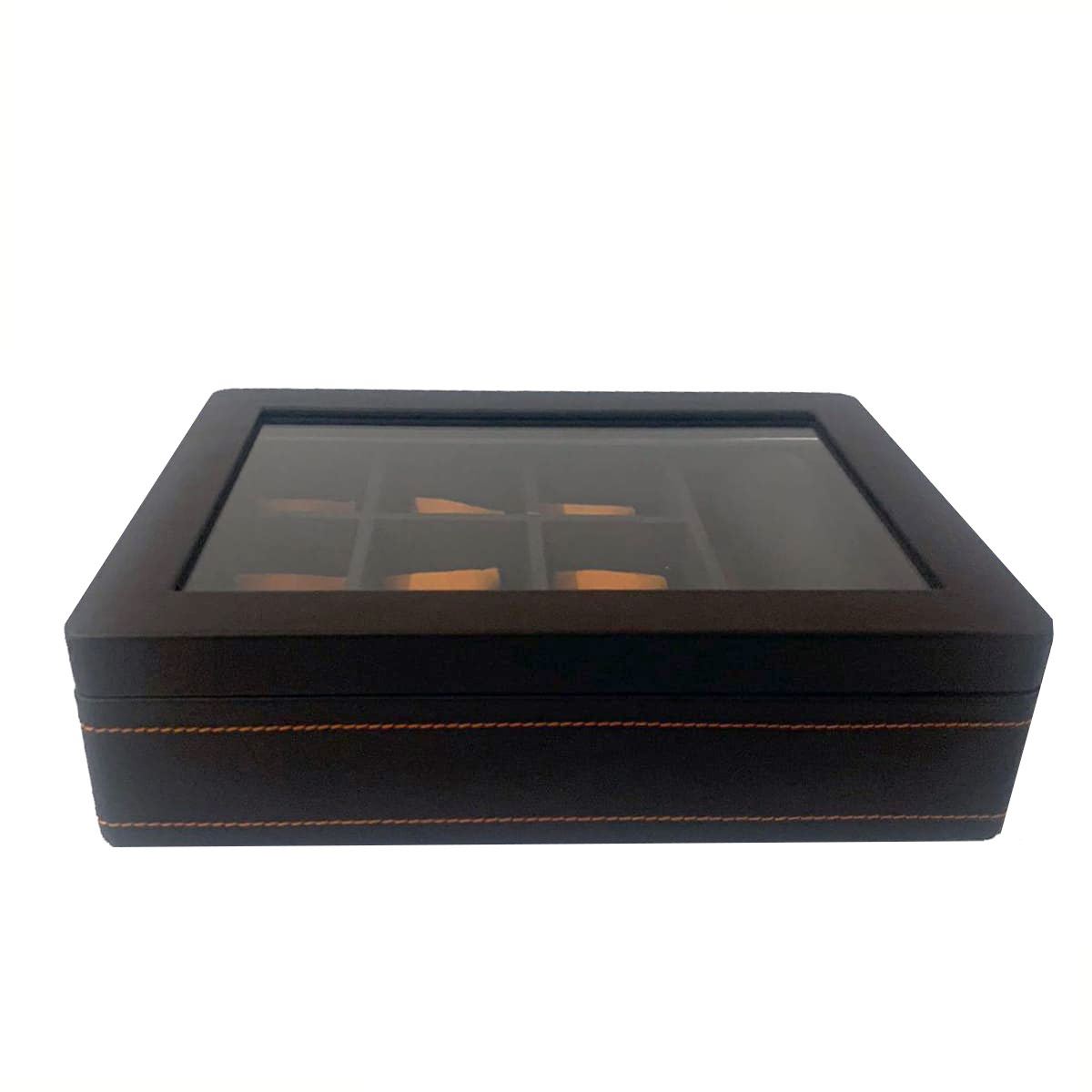 Relojero para 9 relojes y pulseras con chapa y exterior de piel color café