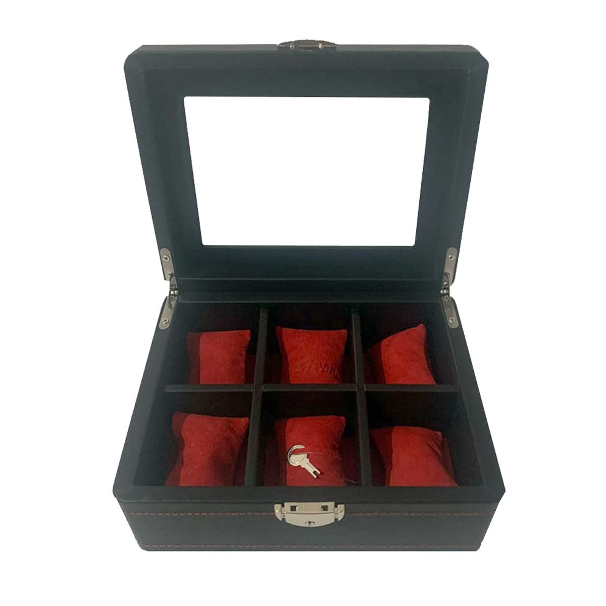 Relojero para 6 relojes con chapa exterior de piel color negro