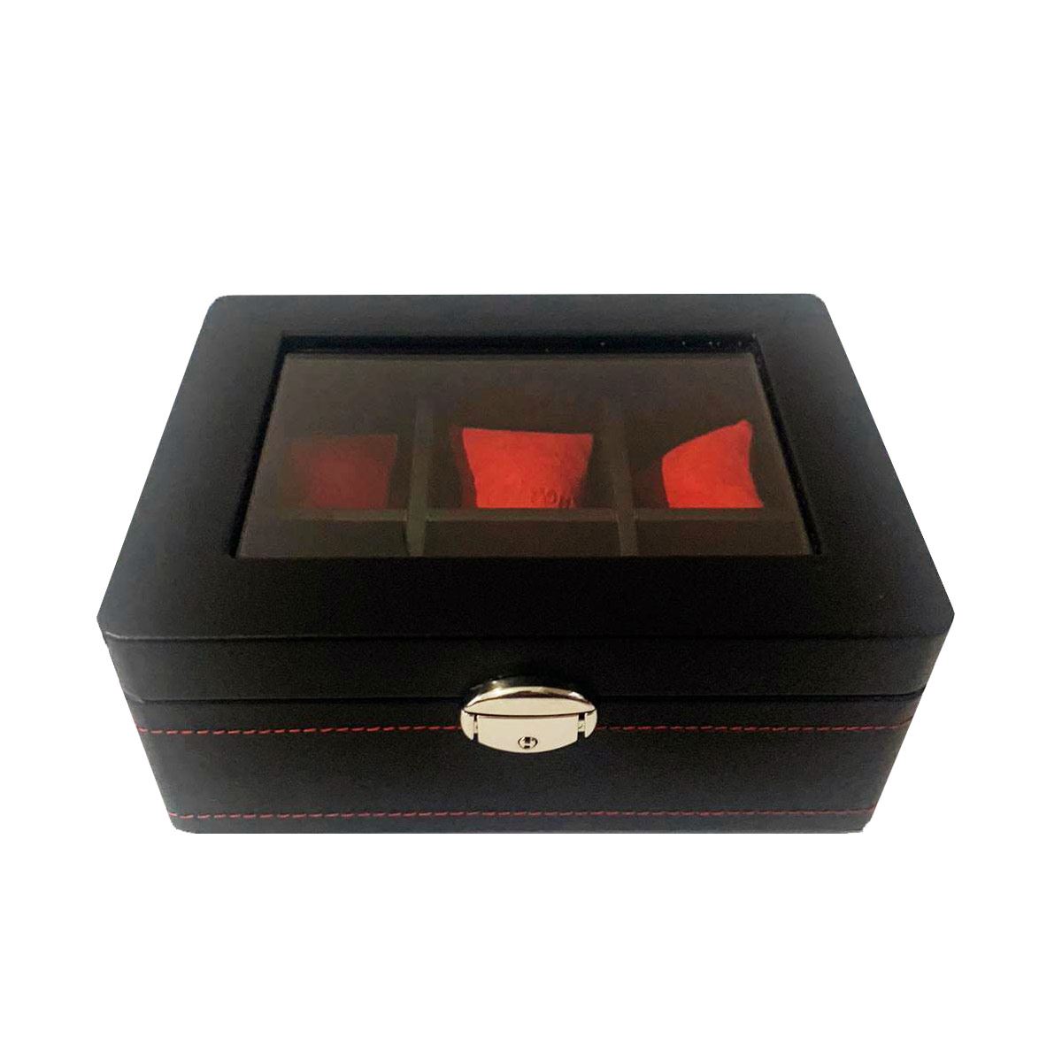 Relojero para 6 relojes con chapa exterior de piel color negro