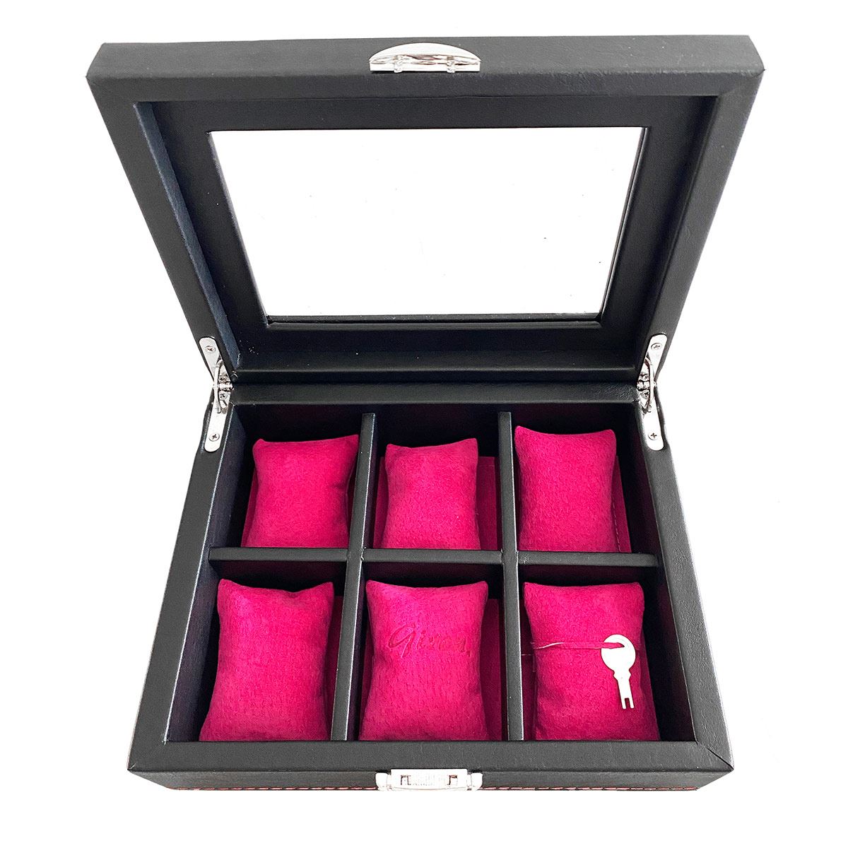 Estuche para 6 Relojes Girón de Piel Negro Interior Rosa