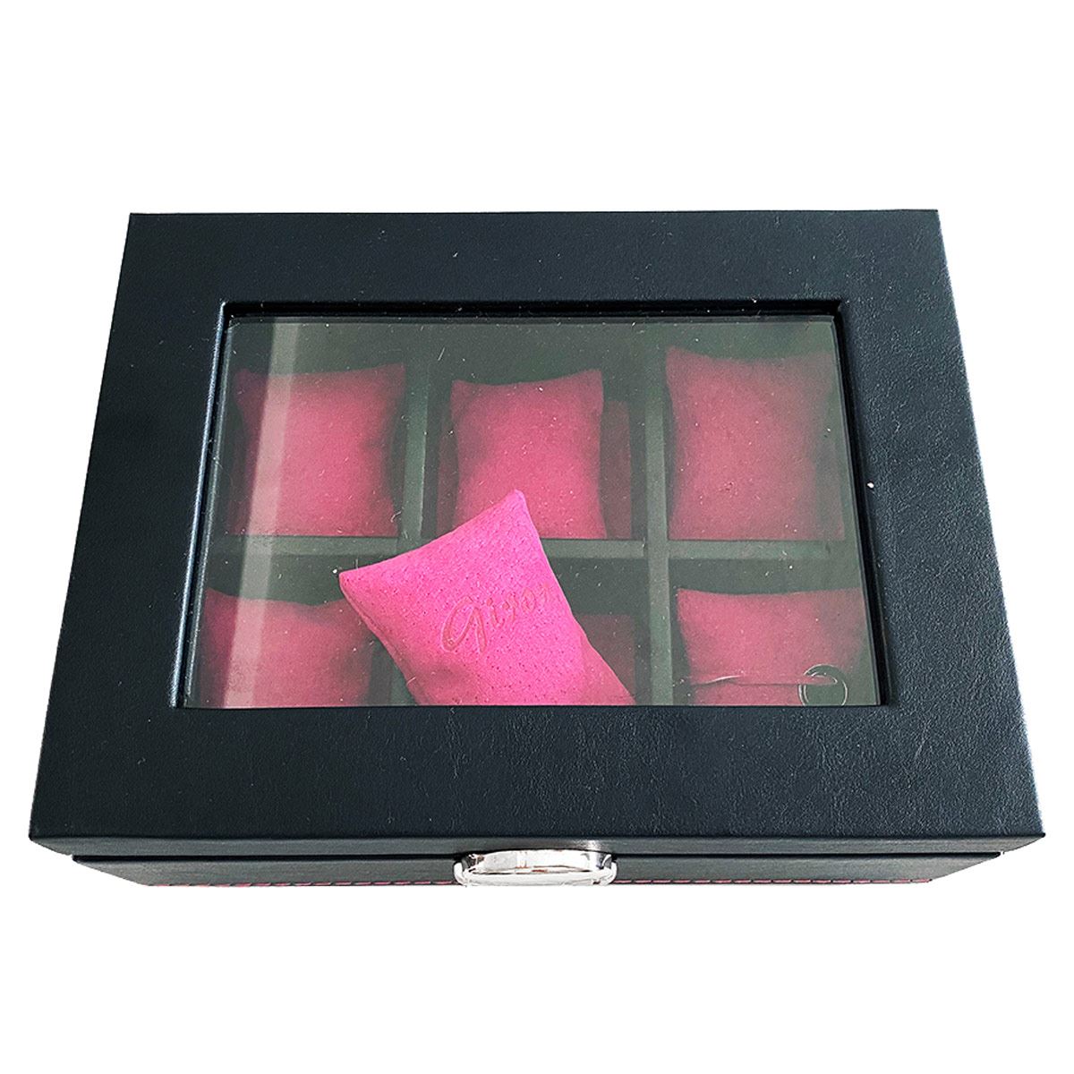 Estuche para 6 Relojes Girón de Piel Negro Interior Rosa