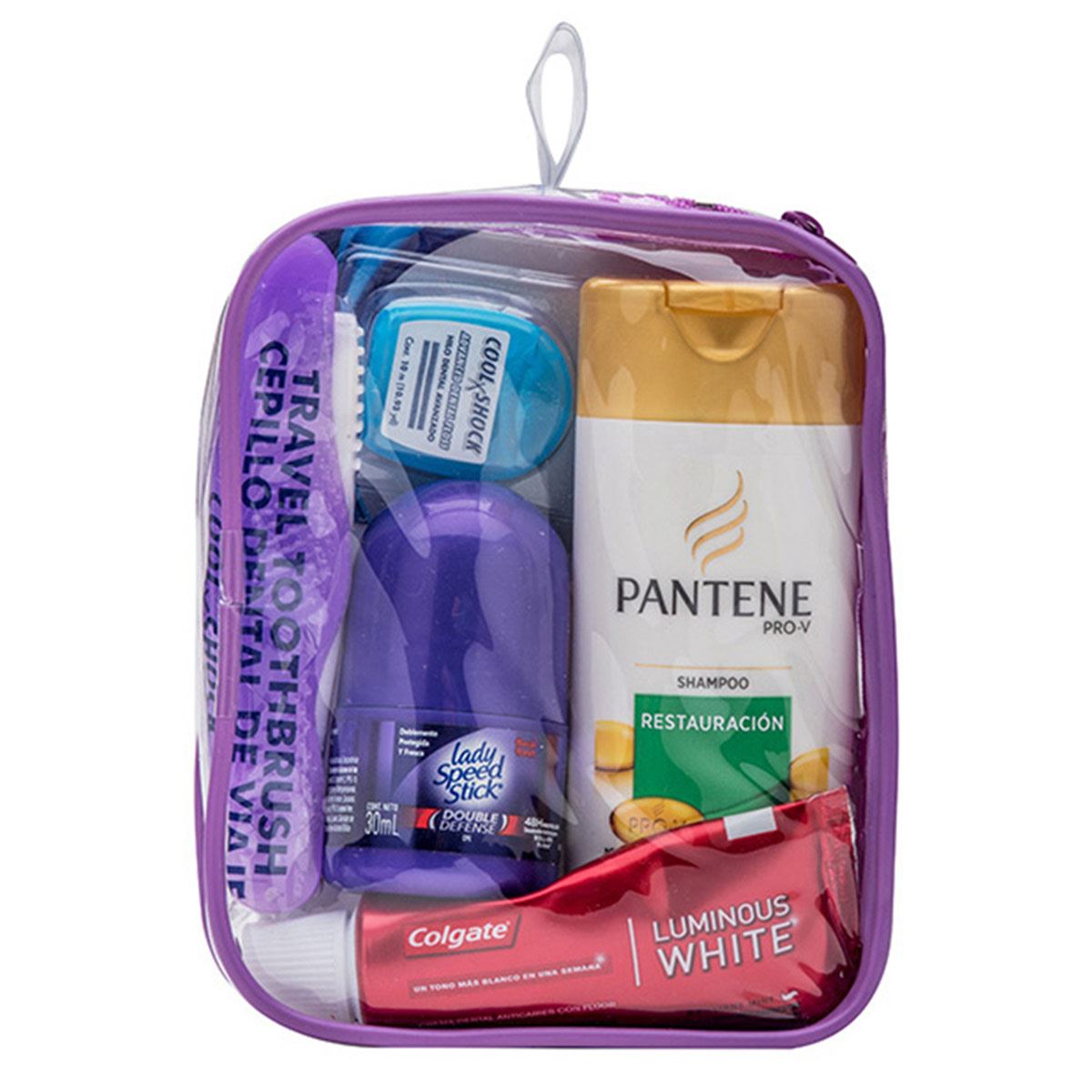 Kit Ella: Cepillo + Pasta + Hilo + Shampoo Pantene + Desodorante Lady SS (Bolsa PVC)