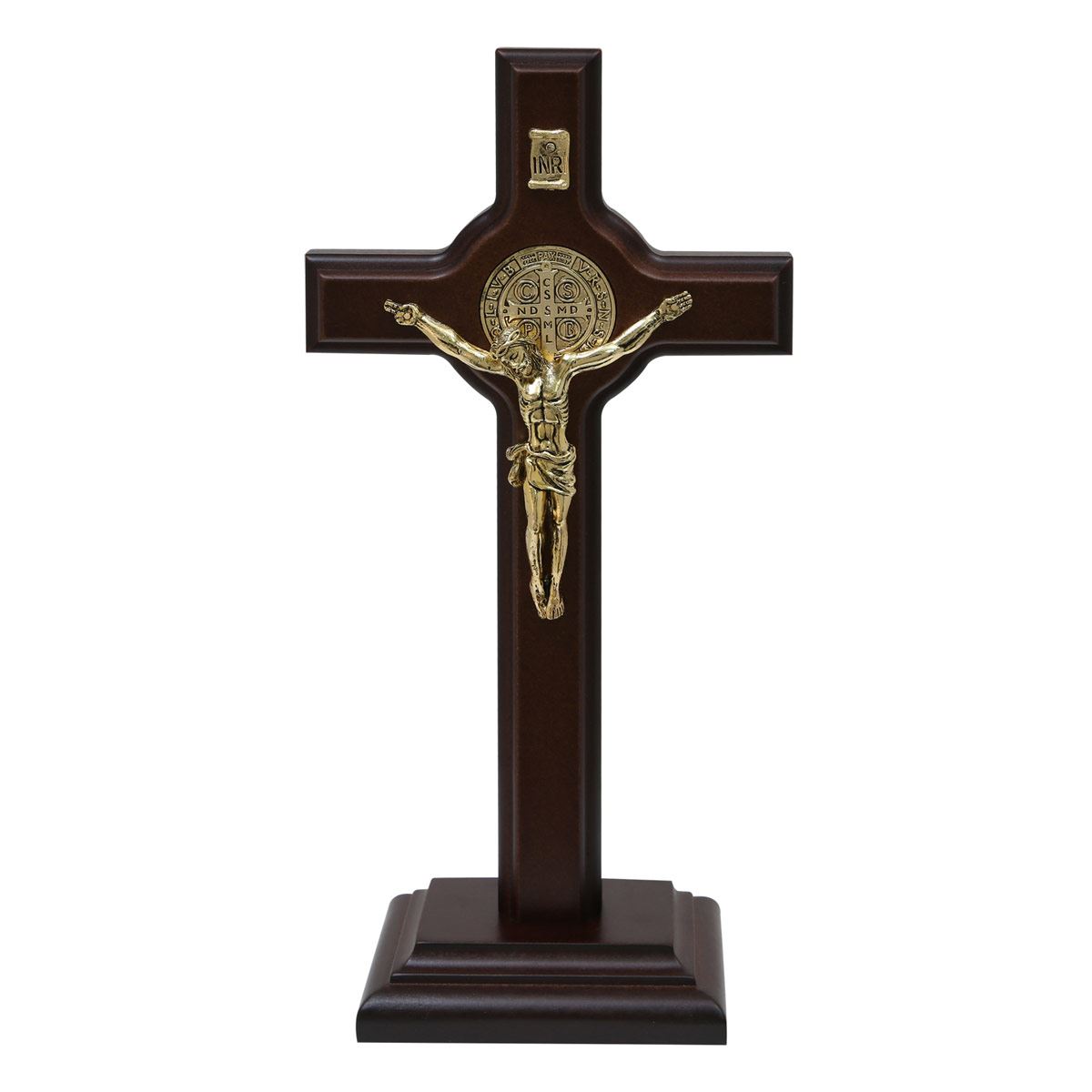 Crucifijo chico con base de madera y metal con medalla de san benito en chapa de oro