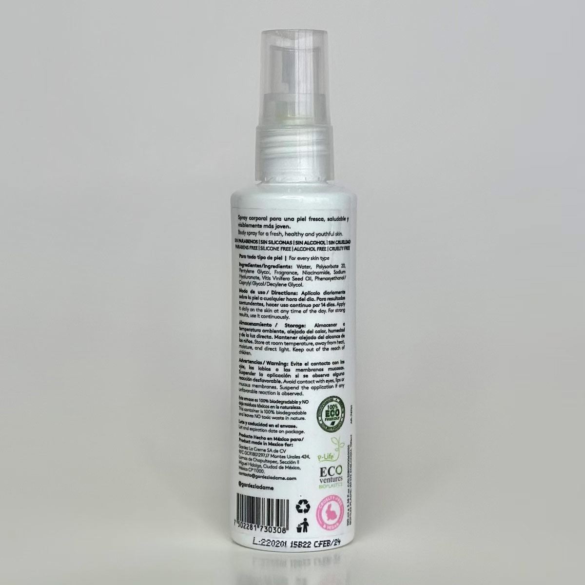 Spray corporal hidratante con ácido hialurónico, B3 y semilla de uva Gardez La Dame