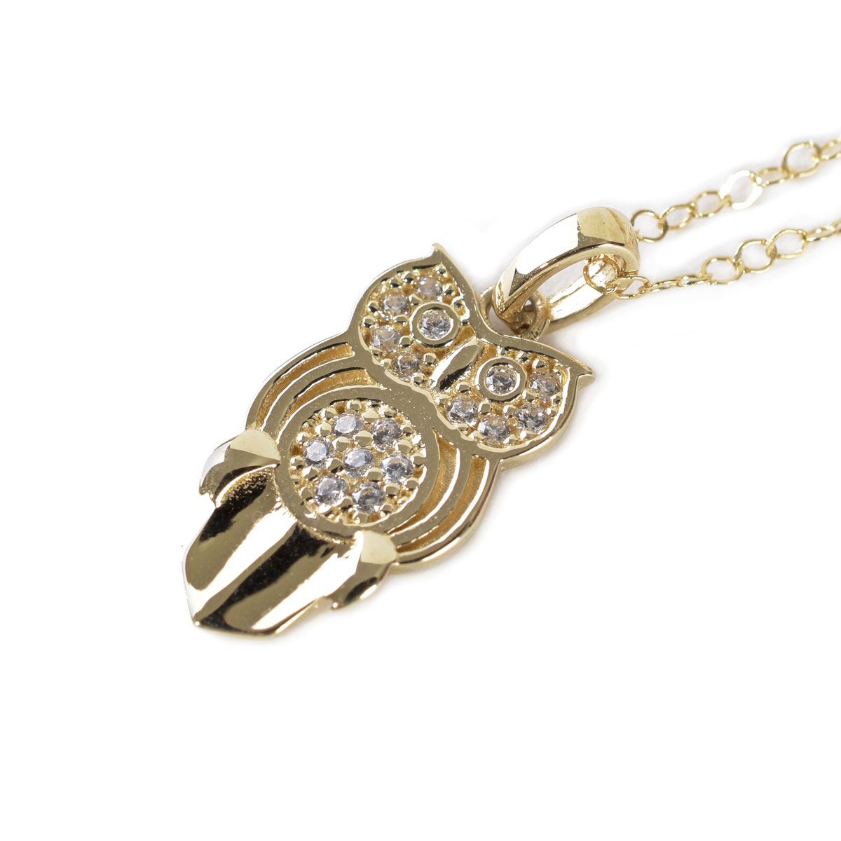 Dije de Búho con Zirconia y Cadena de Oro Amarillo DobleO