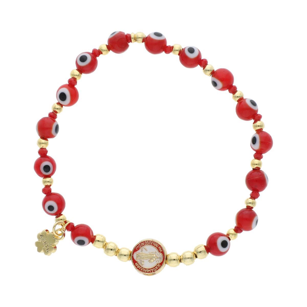 Pulsera Ojo Turco y Dije San Benito Chapa de Oro 18K Zorte