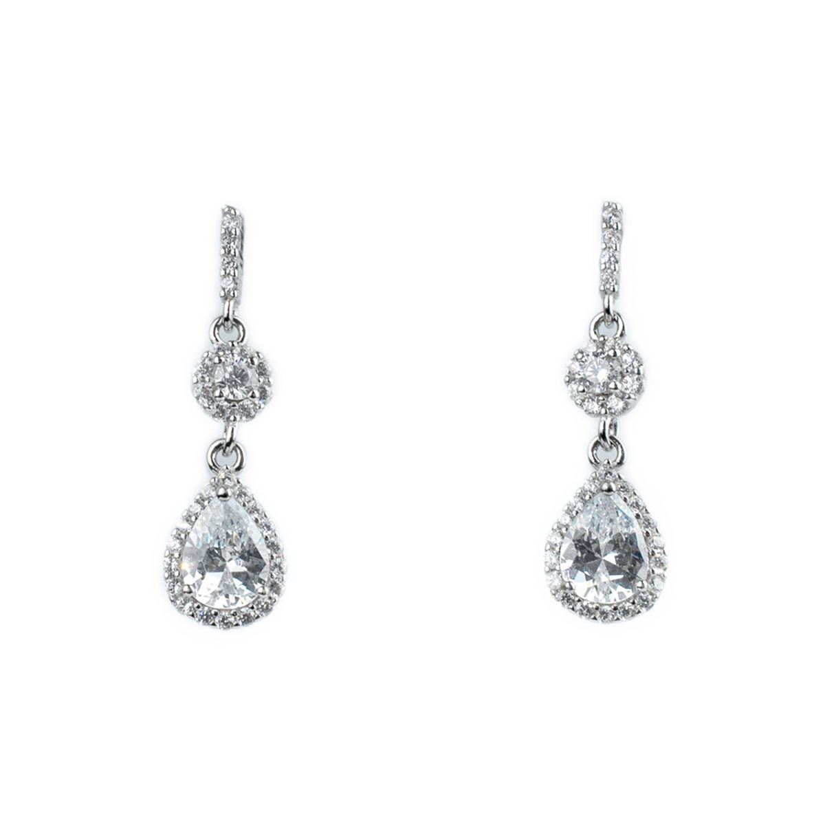 Aretes Colgantes Forma De Gota Con Flor De Zirconias Diamante Simulado  0104052  Plata .925 Terminado En Rodio Vicari