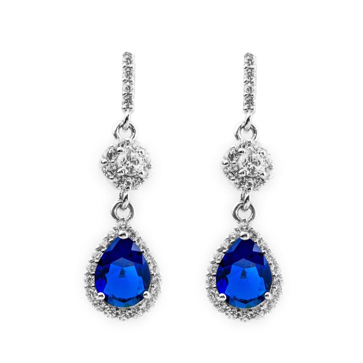 Aretes Colgantes Forma De Gota Con Flor De Zirconias Zafiro Simulado 0104052 Plata .925 Terminado En Rodio Vicari