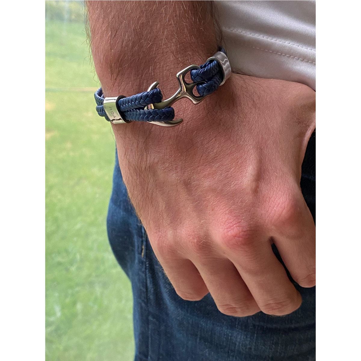 Pulsera Doble de Piel Azul con Ancla para Hombre Mayfer Homme