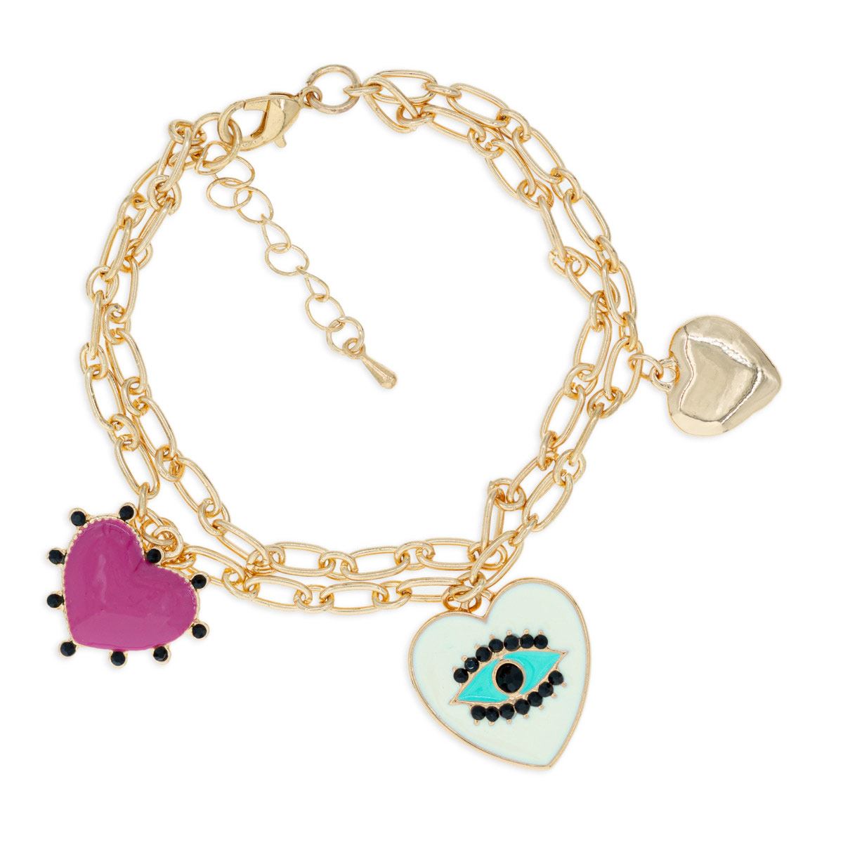 Pulsera Eslabón con Dijes Ojo de la Buena Suerte y Corazones Parisa