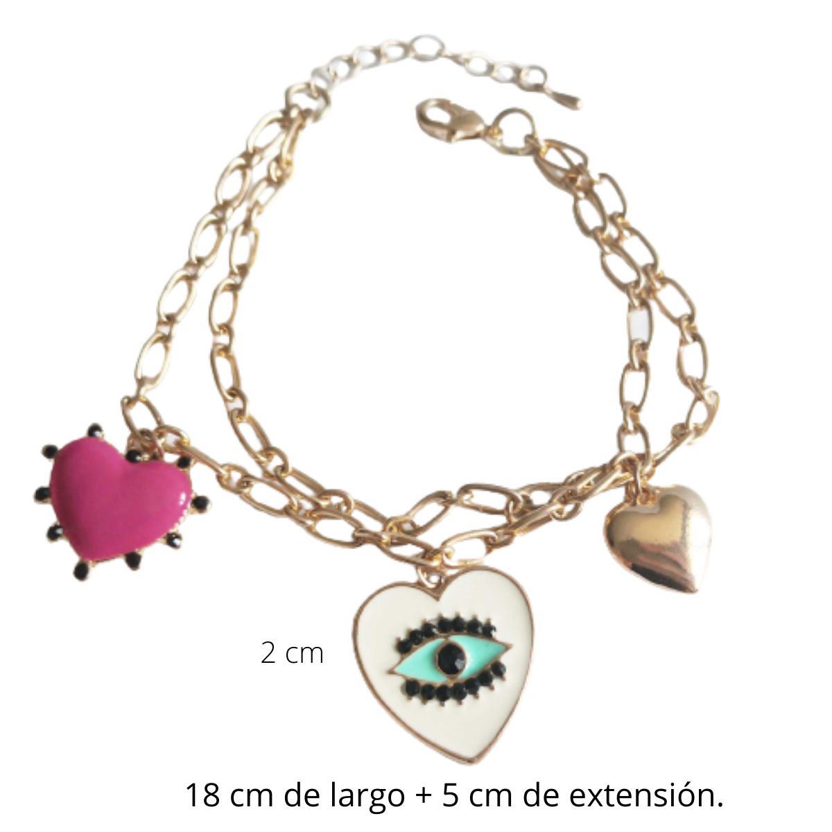 Pulsera Eslabón con Dijes Ojo de la Buena Suerte y Corazones Parisa