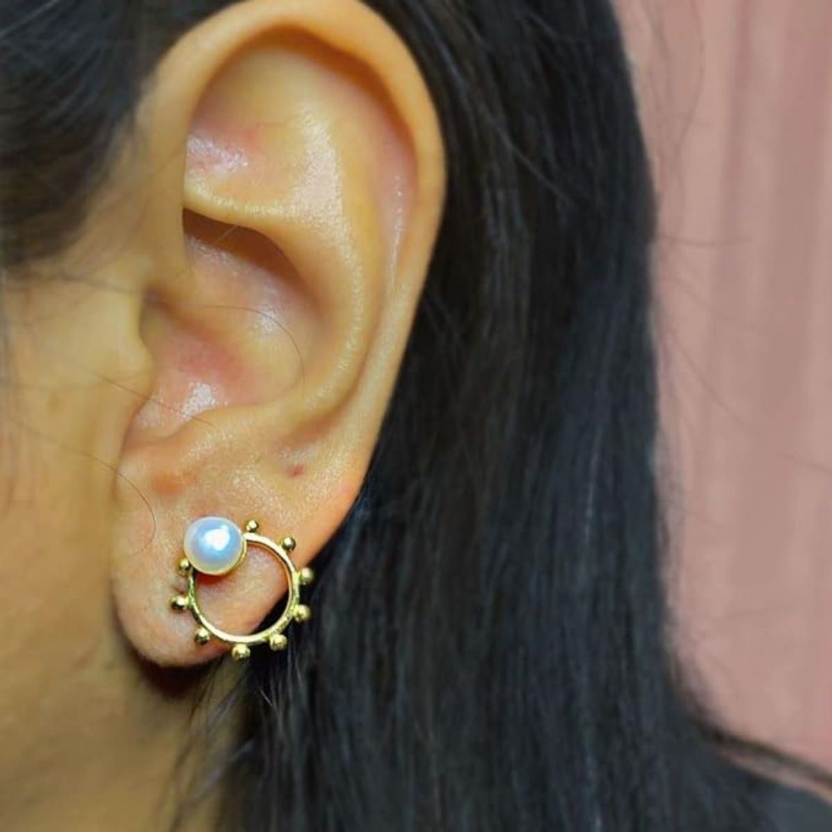 Aretes Tipo Aro con Perla de Rio Baño de Oro 5 Micras Ablime