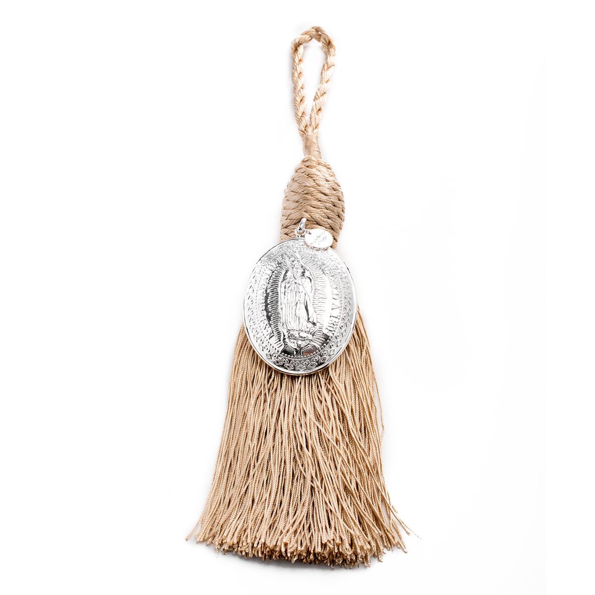 Bendición para el hogar con medallón de La Virgen de Guadalupe en colgante café