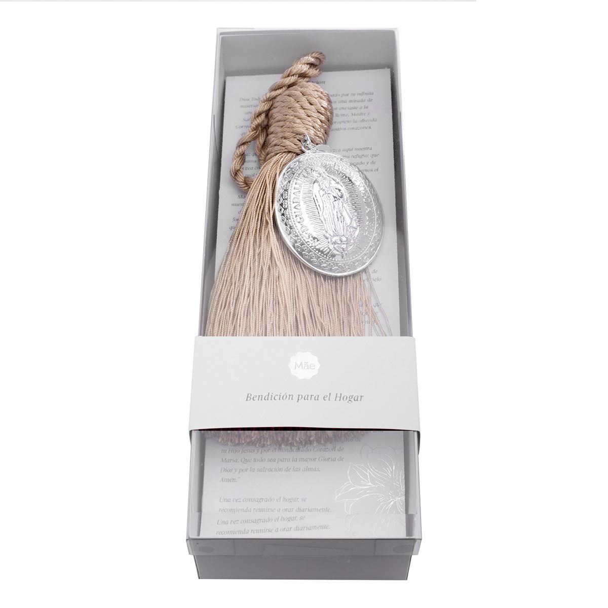 Bendición para el hogar con medallón de La Virgen de Guadalupe en colgante café