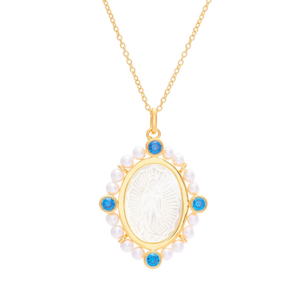 Medalla Virgen de Guadalupe madre perla con perlas y circonias azules