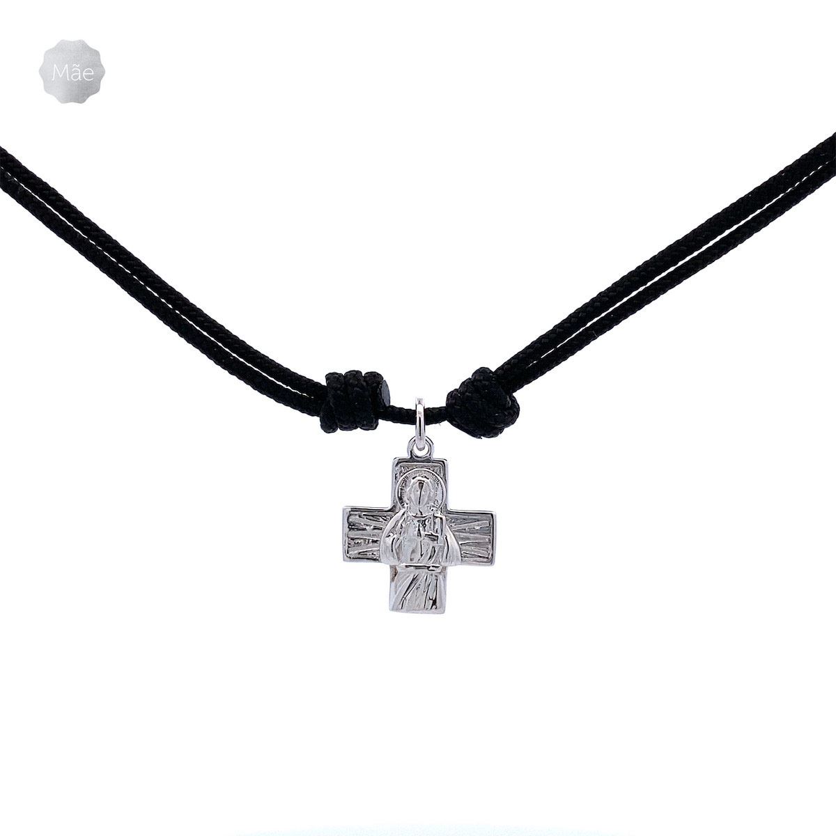 Cruz Sagrado Corazón de Jesús plata en cordiño negro