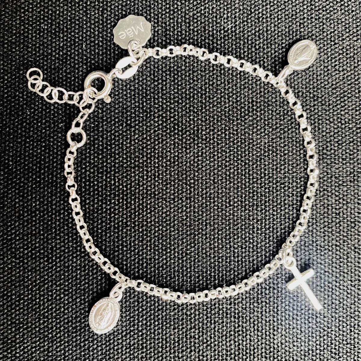 Pulsera Virgen de Guadalupe, Medalla Milagrosa y Cruz plata