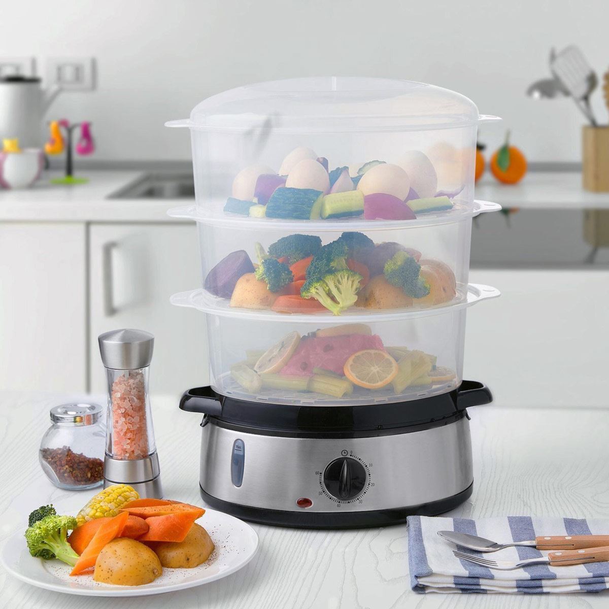 Vaporera eléctrica 3 niveles apilables Aicok