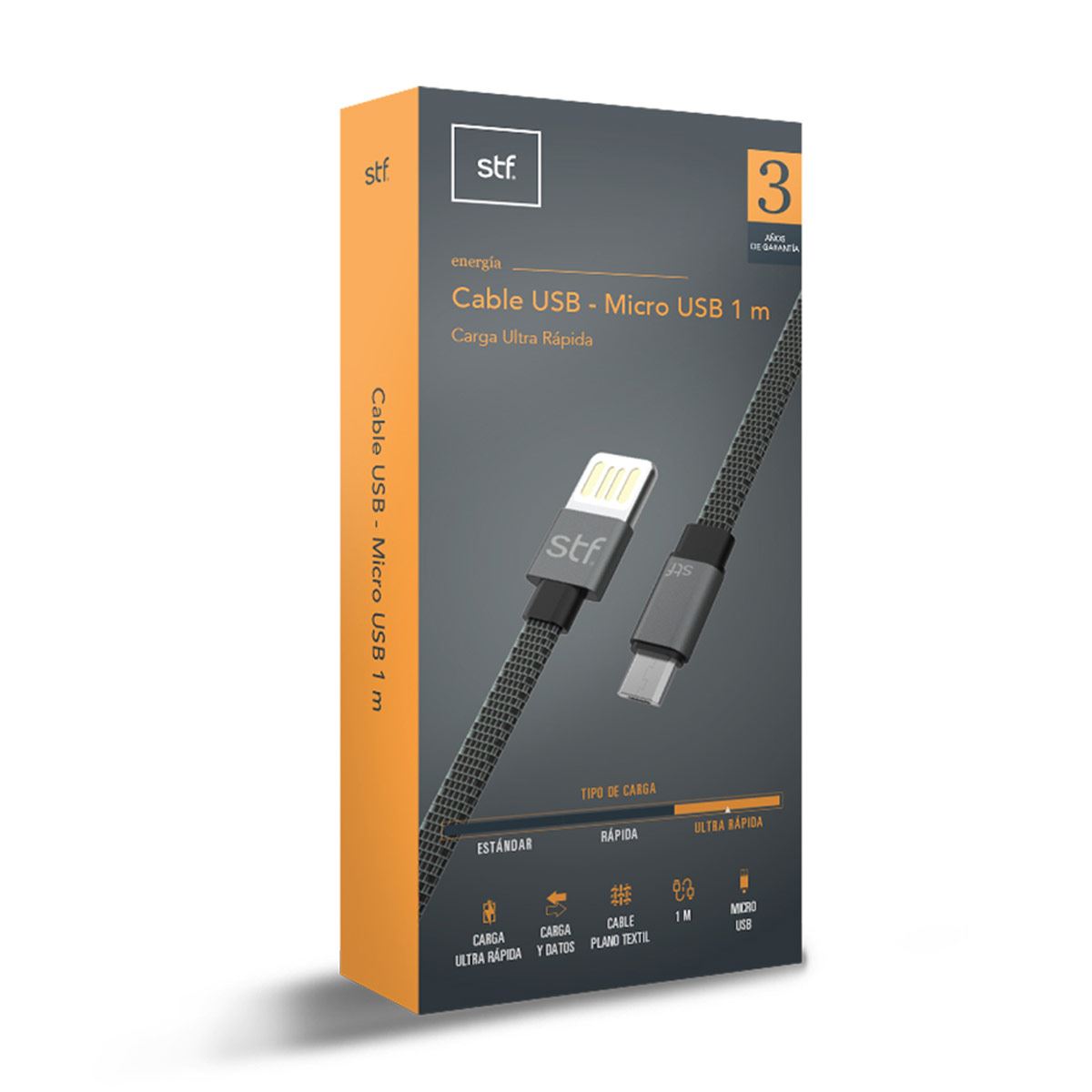 Cable USB Micro USB Carga Ultra Rápida 1M Gris Negro