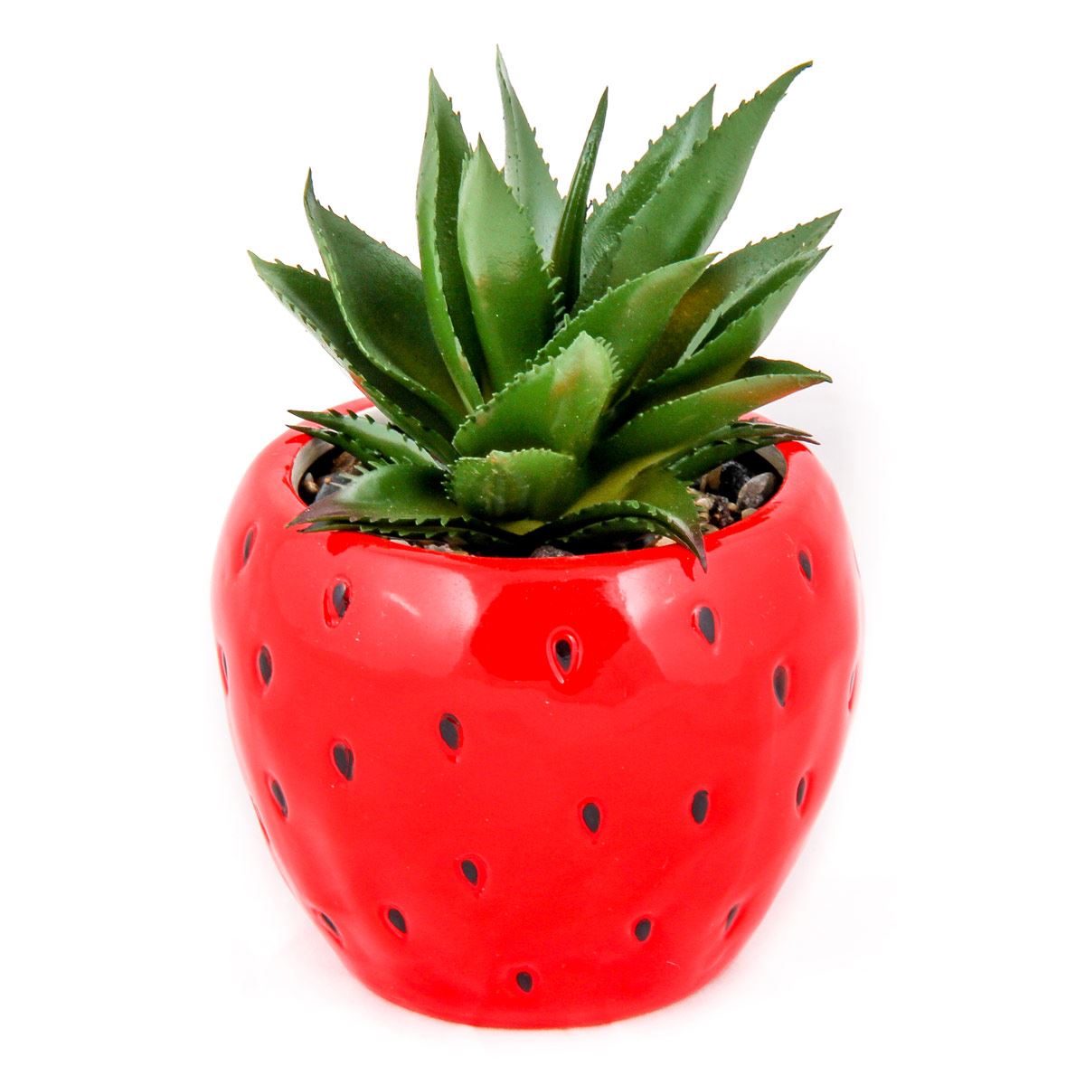 Maceta de cerámica en forma de fresa con planta artificial