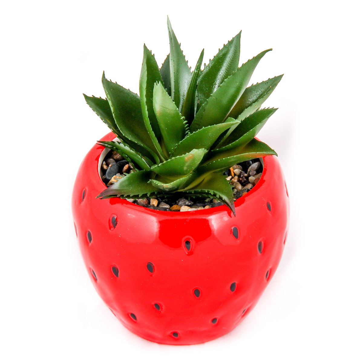 Maceta de cerámica en forma de fresa con planta artificial