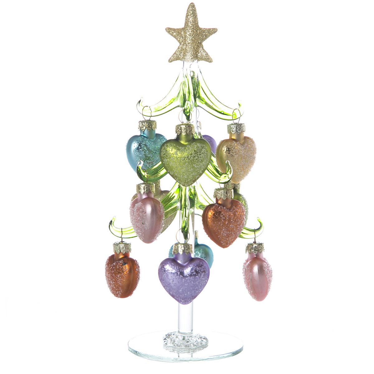 Figura navideña de vidrio árbol verde 20 cm corazones colores