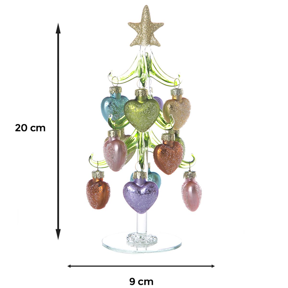 Figura navideña de vidrio árbol verde 20 cm corazones colores