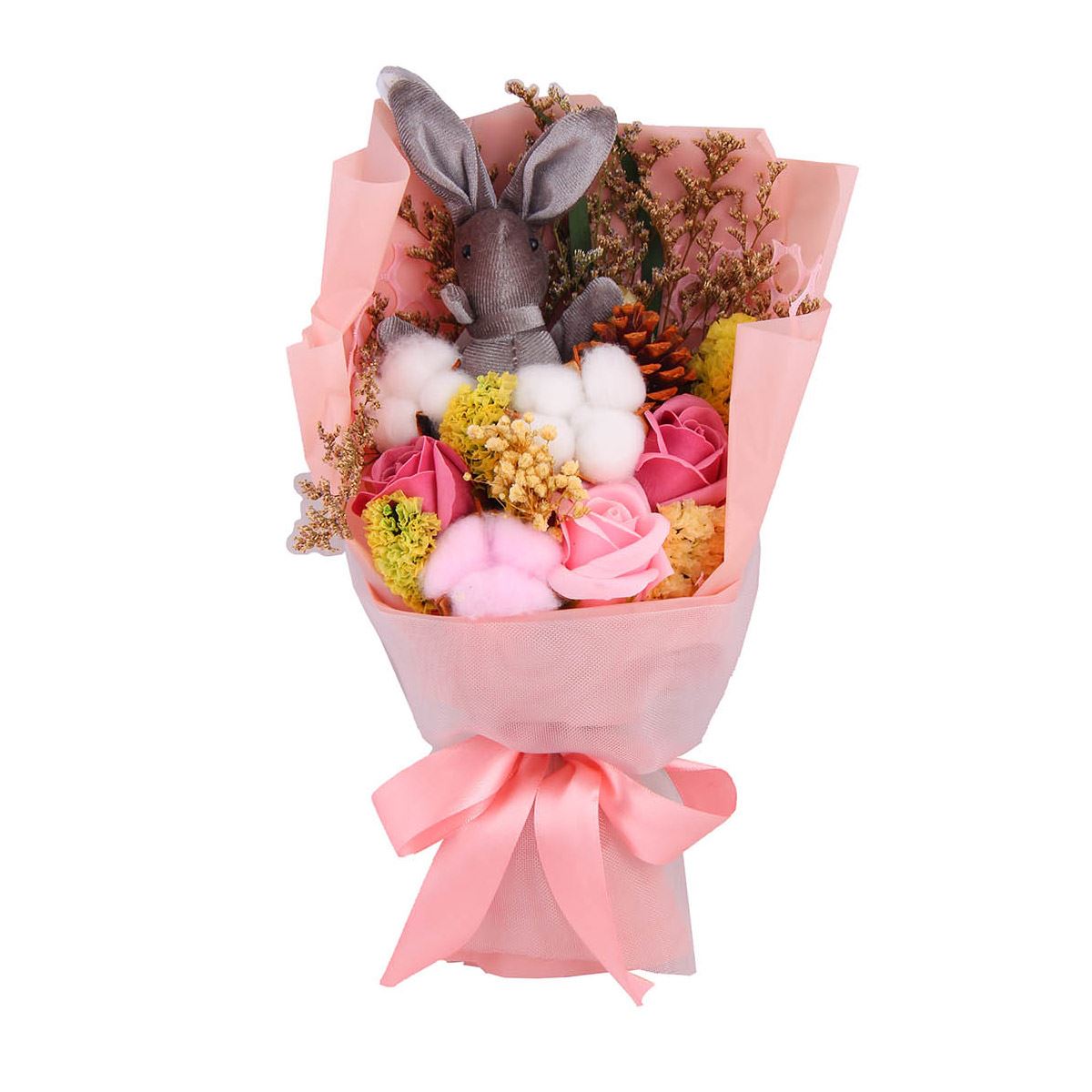 Home Nature bouquet de rosas "algodón" con conejo color gris 34*21*12 cm