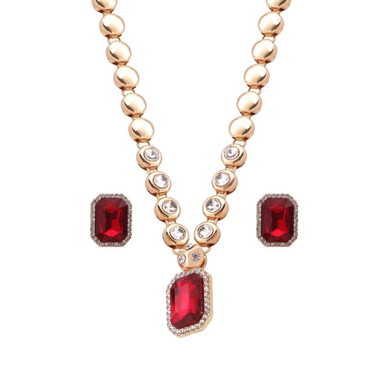 Set de Collar y Aretes Piedra Roja Octágono Chapa de Oro 18 K Unlimited by OB