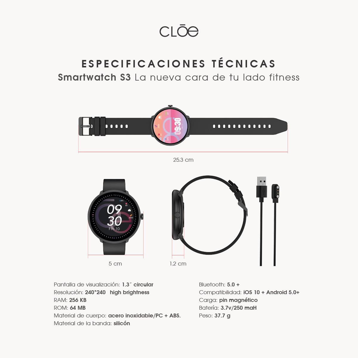 Smartwatch Cloe Series 3 silicón negro unisex