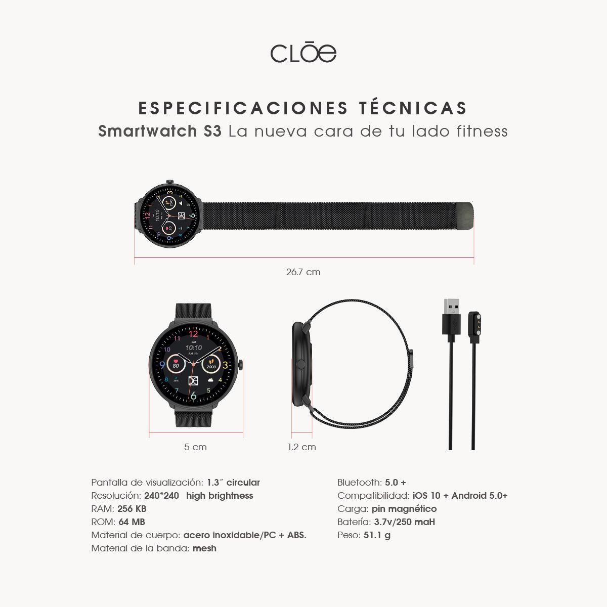 Smartwatch Cloe Series 3 mesh negro unisex