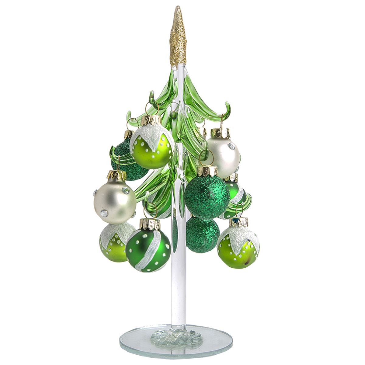 Figura Decorativa Árbol de Navidad Diseño Vidrio 20 cm con Esferas Verdes y Plateadas Running Decora