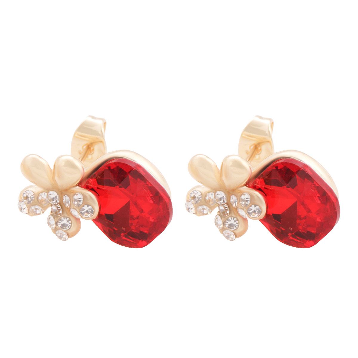 Aretes Flor Circonias y Piedra Roja Chapa de Oro 18 K Unlimited by OB