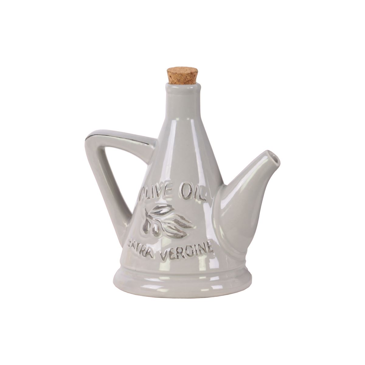 Vertedor de aceite de oliva con aceitunas en relieve con acabado brillante, color gris Home Nature