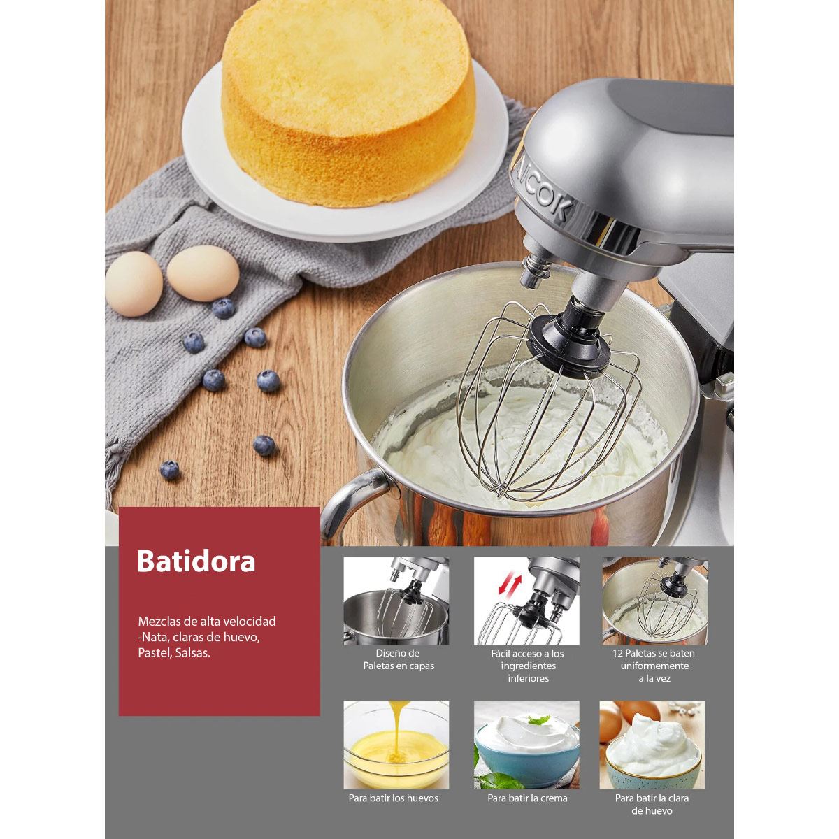 Batidora de pedestal doble brazo plata Aicok MK-37