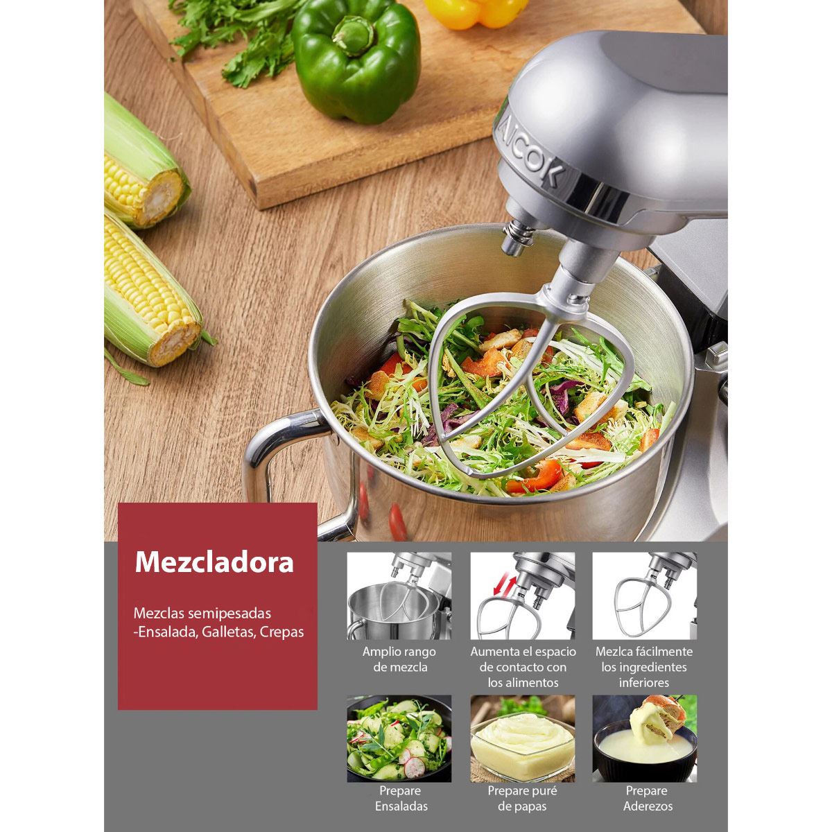 Batidora de pedestal doble brazo plata Aicok MK-37