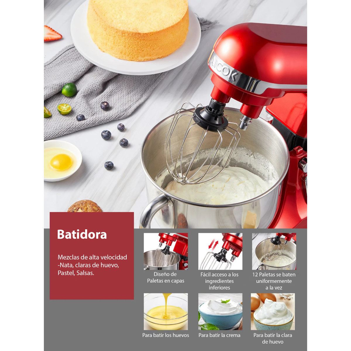 Batidora de pedestal Aicok doble brazo roja