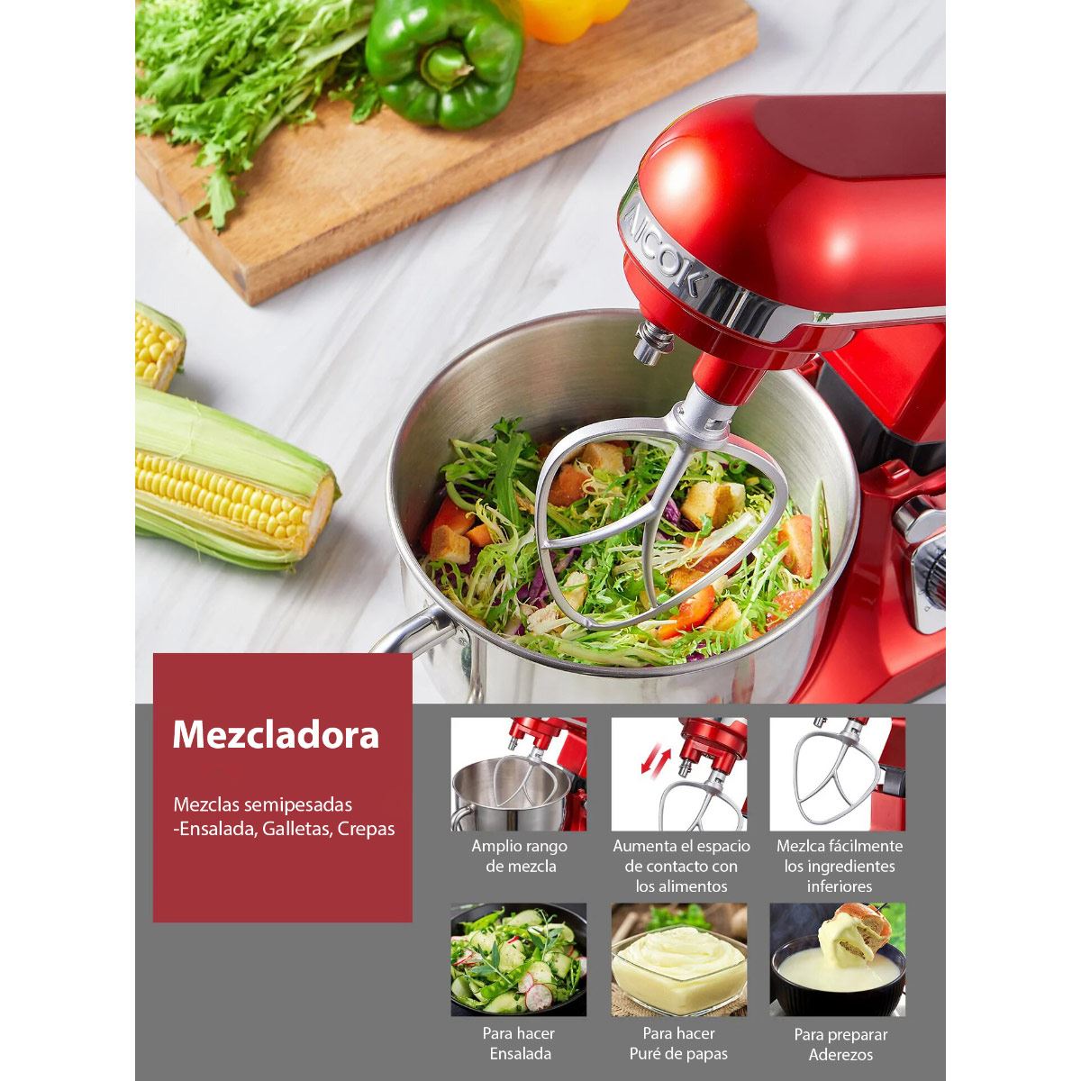 Batidora de pedestal Aicok doble brazo roja