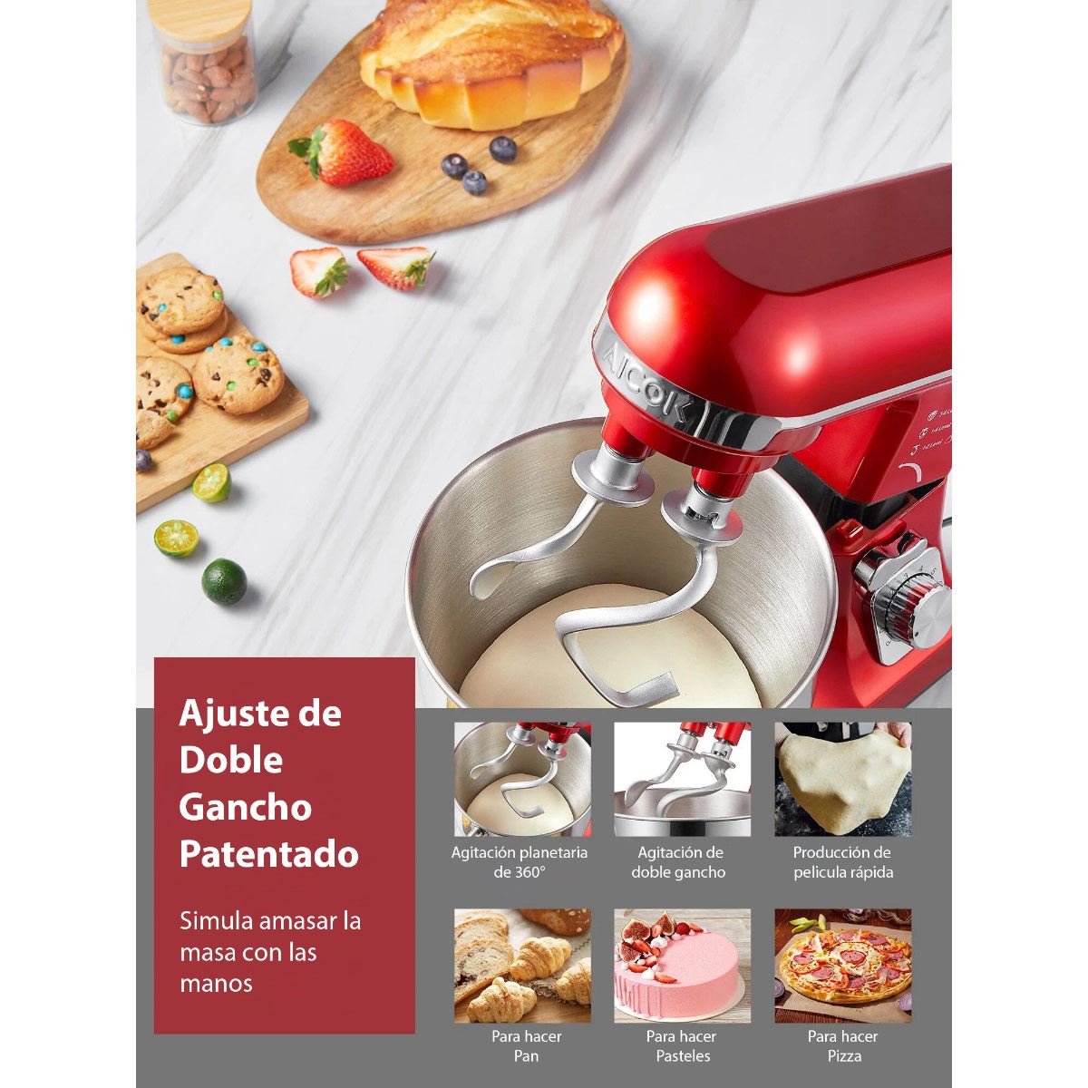 Batidora de pedestal Aicok doble brazo roja