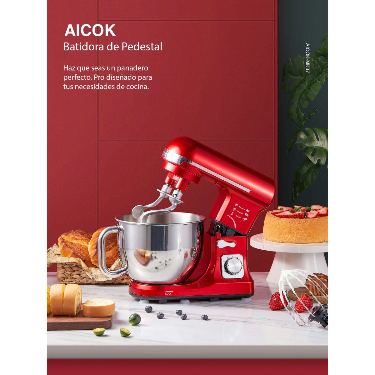 Batidora de pedestal Aicok doble brazo roja