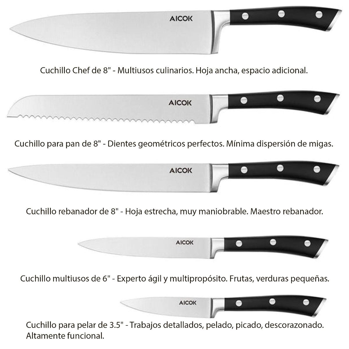 Set de cuchillos en bloque acero Inoxidable Aicok KF-F8004-6