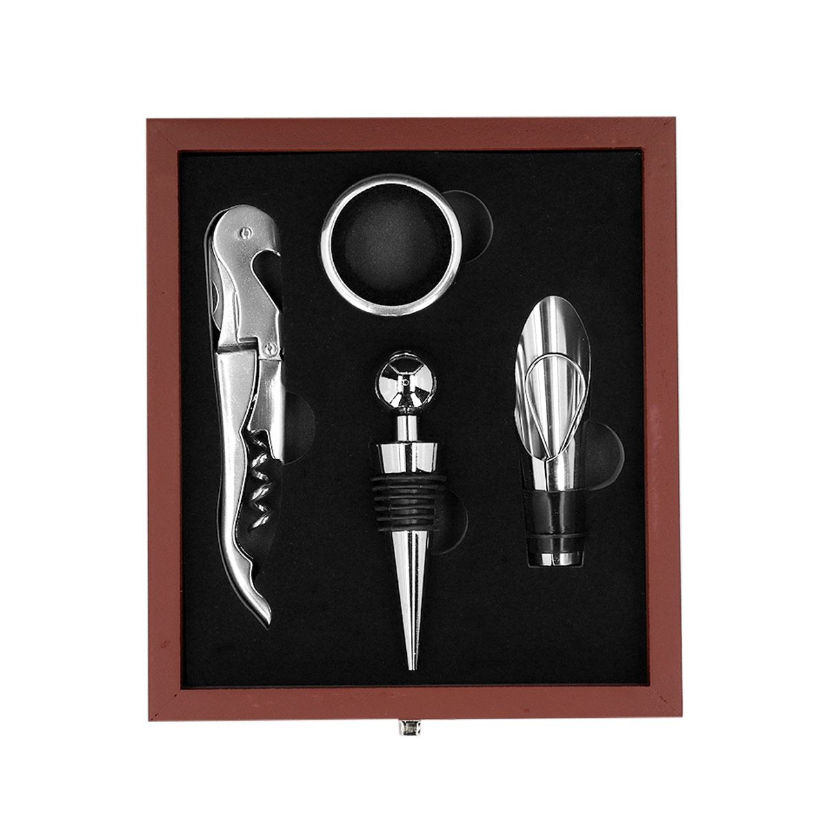 Set de vino 4 piezas estuche cuadrado de madera