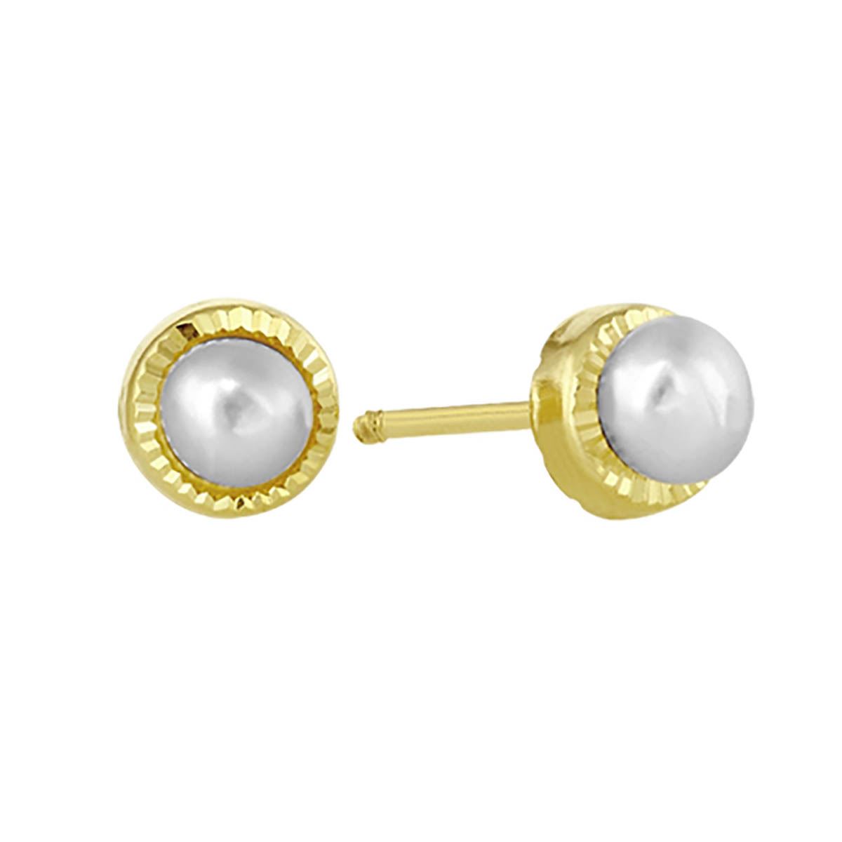 Broquel Oro 14K Redondo Diamantado con Perla