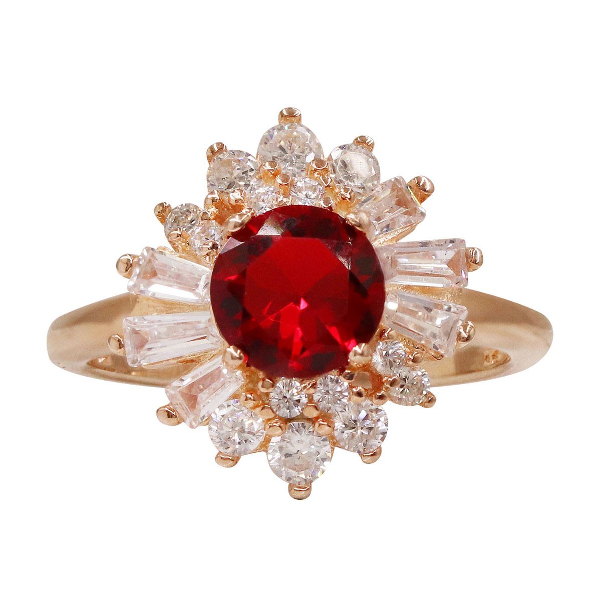 ANILLO DE PLATA .925 EN FORMA DE FLOR CON CRISTAL COLOR ROJO Y CIRCONIAS ACABADO ORO ROSA MEDIDA 7 ARTRÉ .925