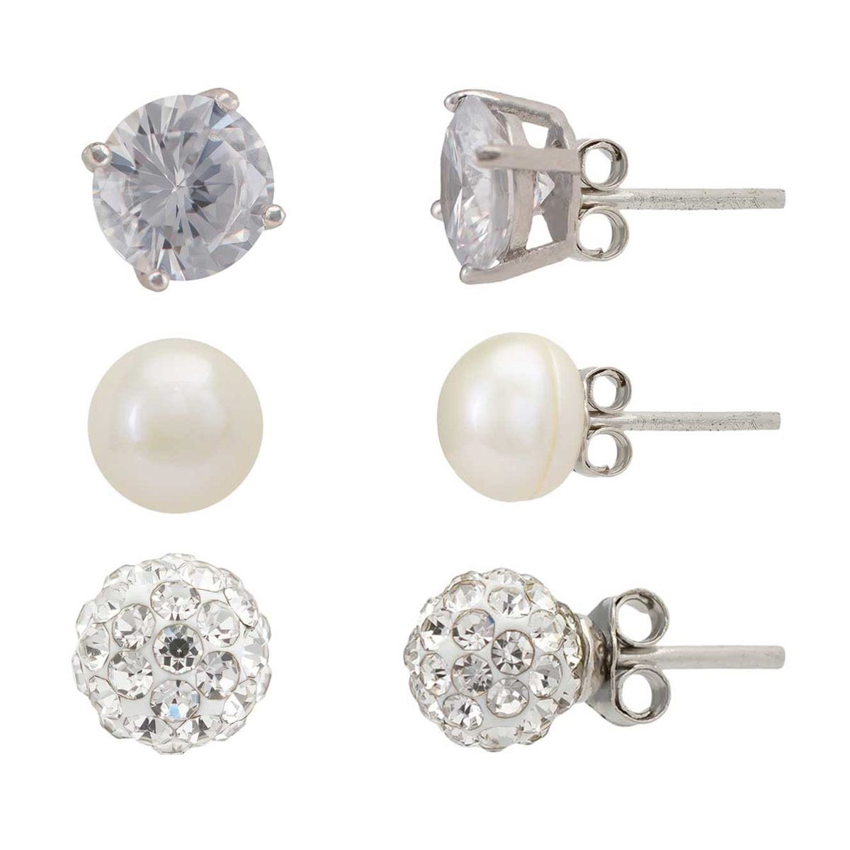 Set De Aretes Plata .925 Con Perla De Río, Circonia Y Cristales En Rodio Artre .925