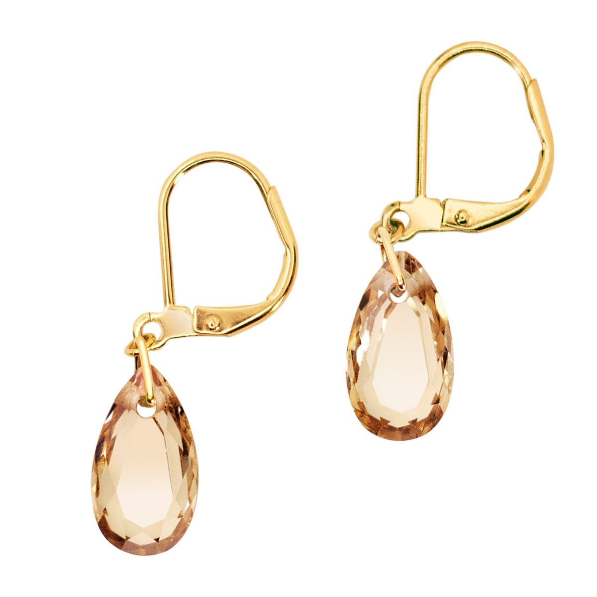 Aretes en dorado con circonia corte briolette color champagne carré