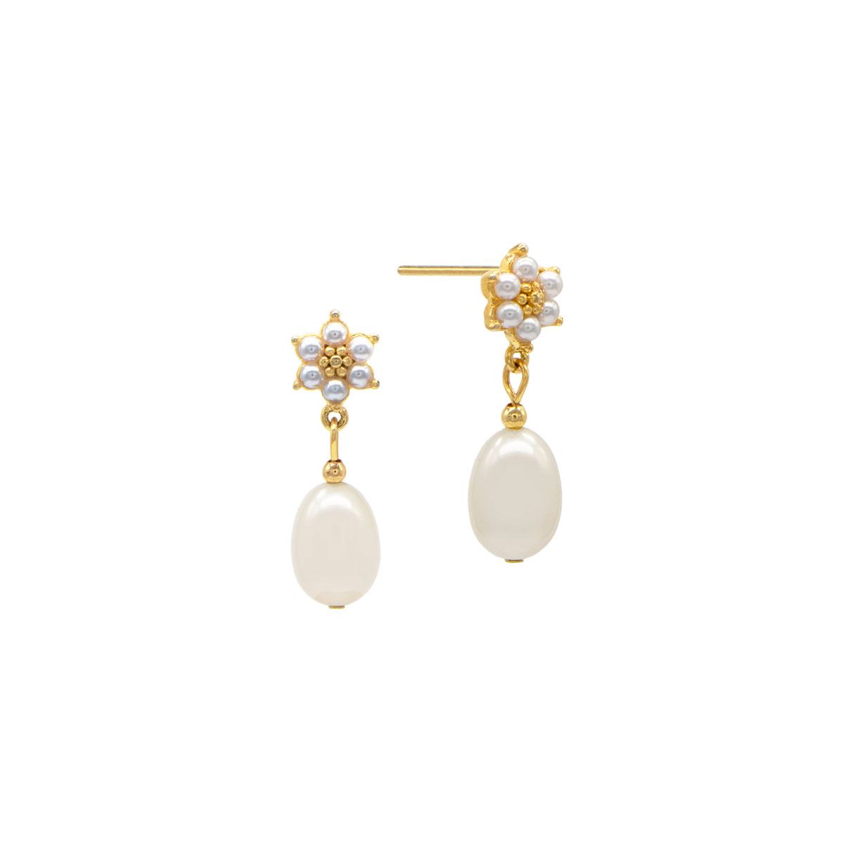 Aretes Flor de Micro Perlas y Gota Perla Natural Emanuel Ungaro