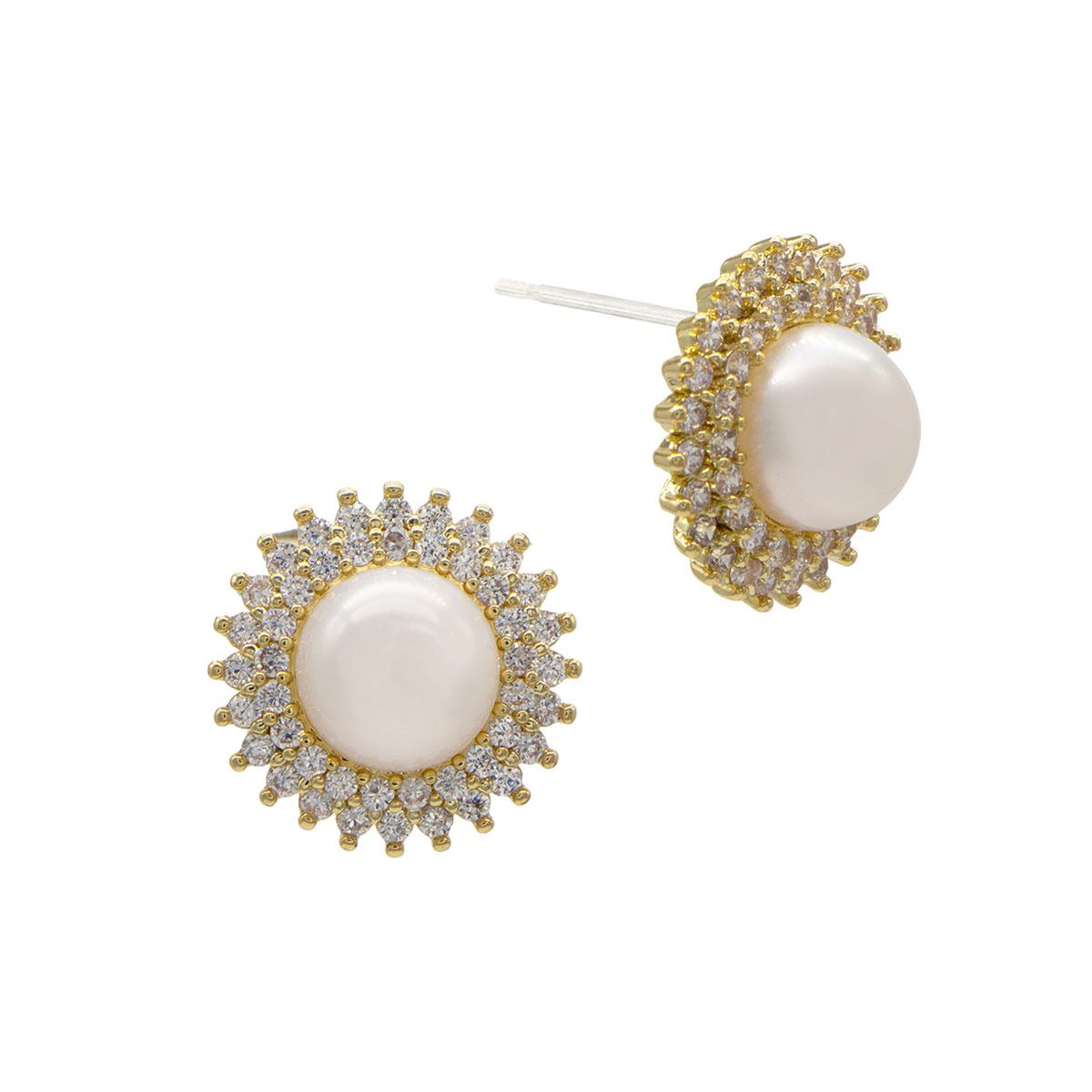 Aretes Perla Natural Blanca y Pavé con Micro Circonias Facetadas Emanuel Ungaro