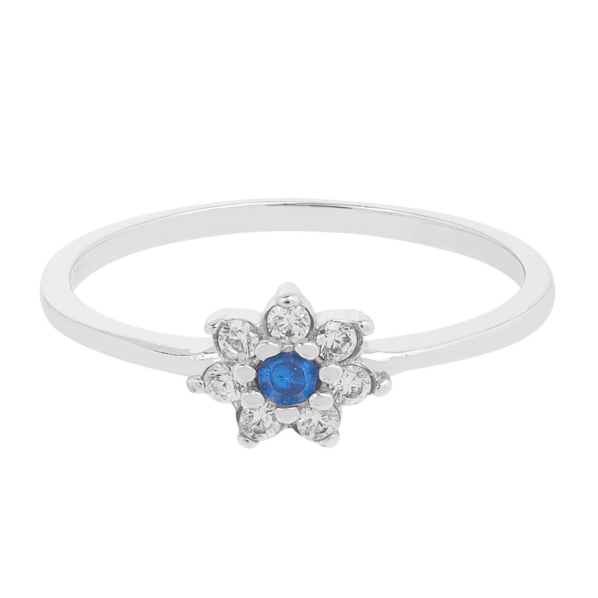 Anillo Redondo Flor De Zirconias Con Centro Azul Villalpando