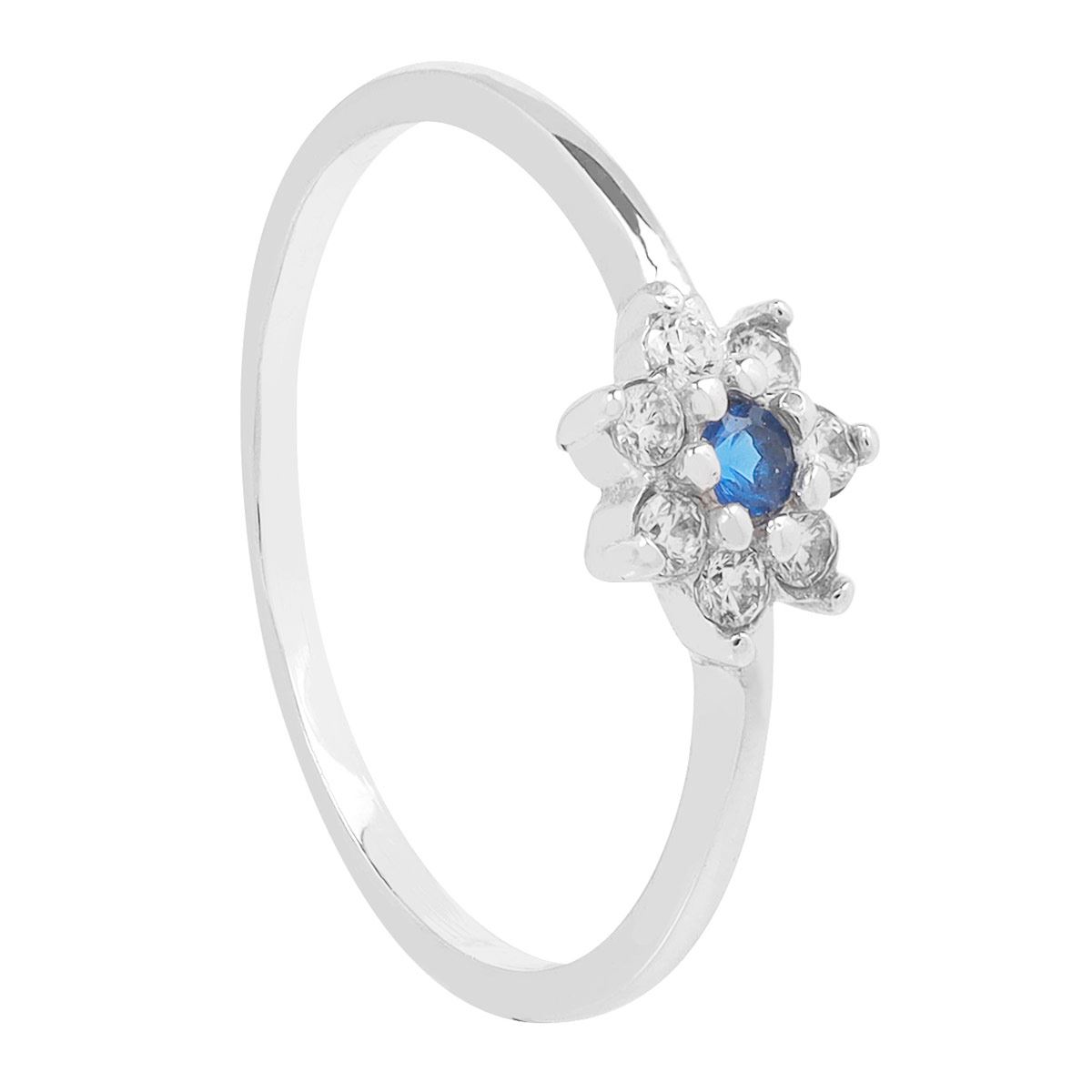 Anillo Redondo Flor De Zirconias Con Centro Azul Villalpando